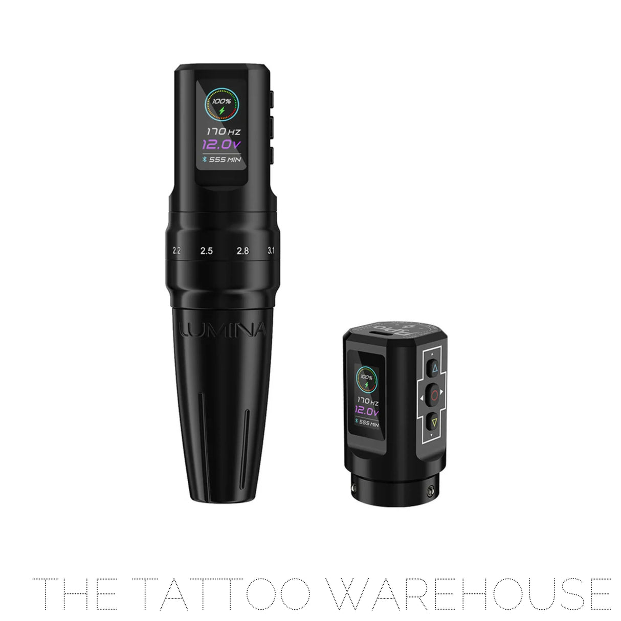 Full view of the black EZ TATTOO lumina p3pro for pmu artists. smaller hand grip than the original P3PRO by EZ tattoo supplies. Extra battery is in view as well.
