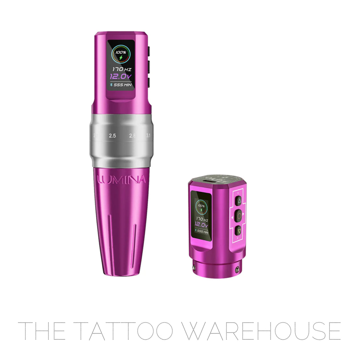 The purple Lumina P3pro PMU TATTOO MACHINE PEN. The second battery is in view also. This machine has two batteries