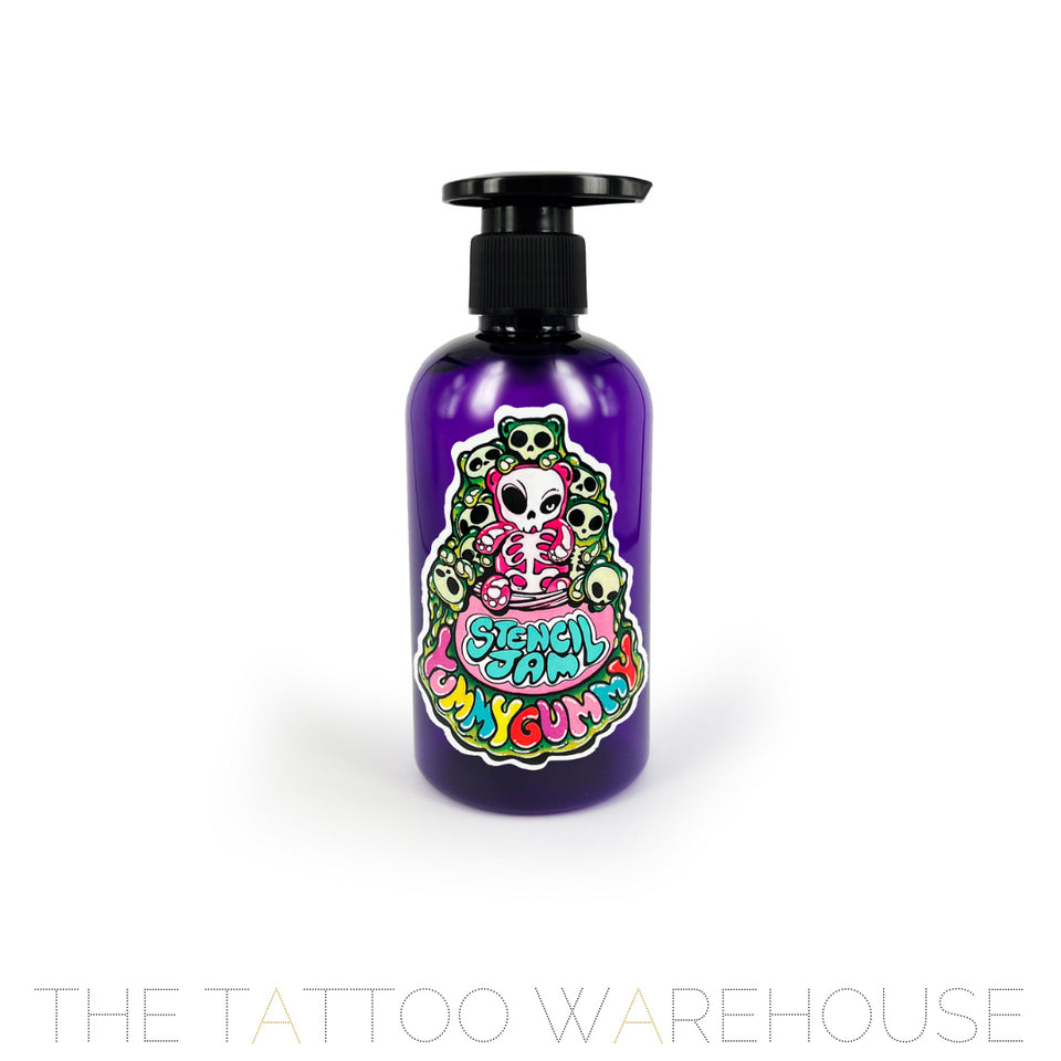 A purple bottle with the label of Stencil Jam Yummy Gummy showing front on.
