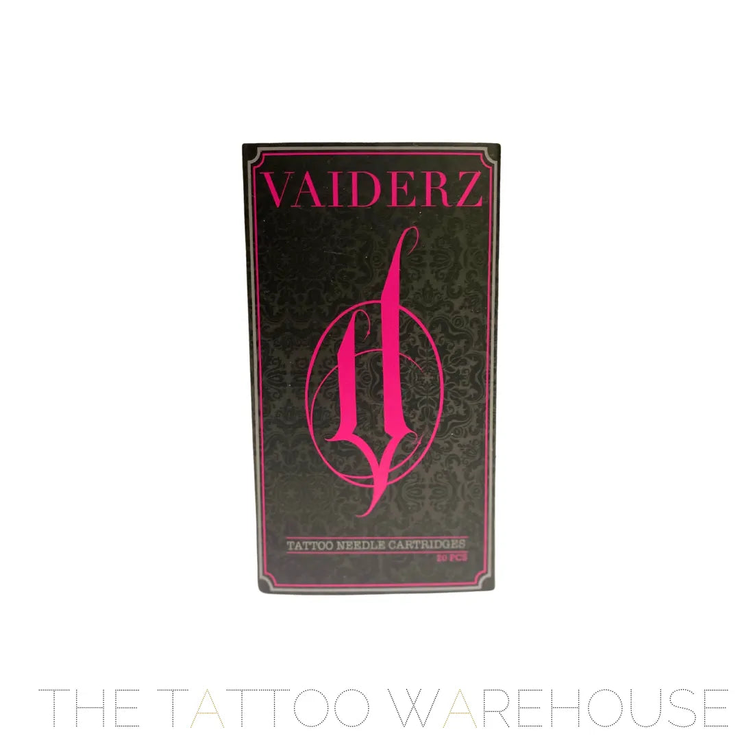 front view of the vaiderz tattoo needle cartridges box. black box with pink writing. the classic vaiderz logo is front and center of the box. ornamental light grey pattern in the background of the tattoo needle cartridge box.