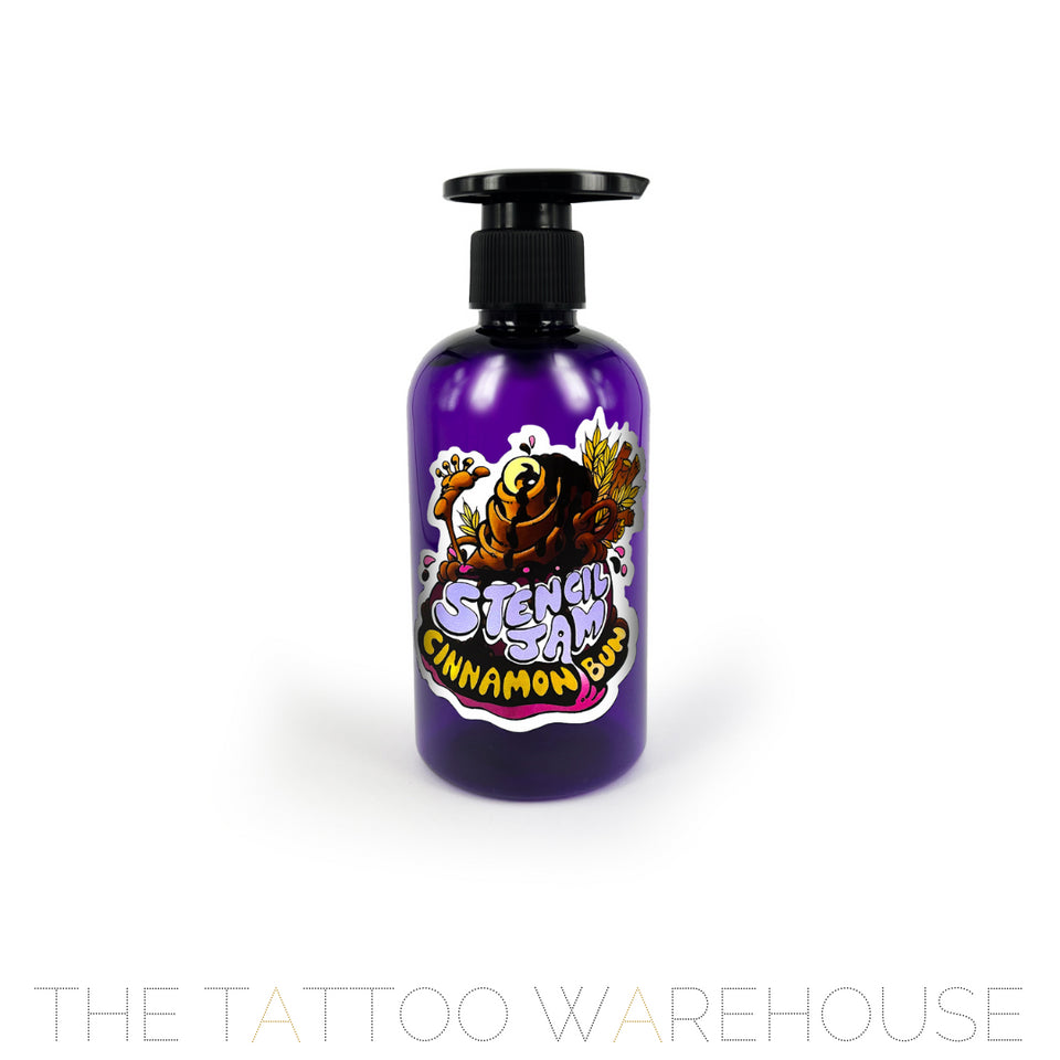 A purple bottle with the label of Stencil Jam Cinnamon Bun showing front on.