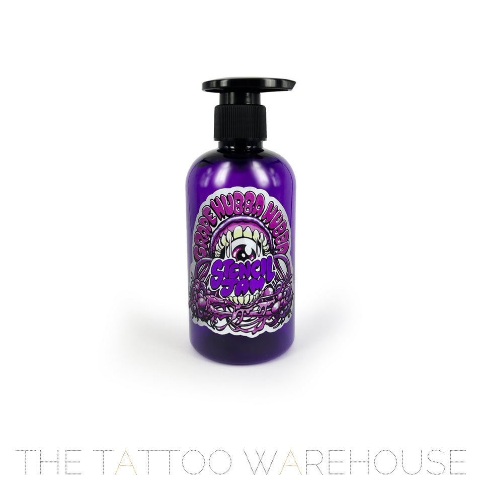 A purple bottle with the label of Stencil Jam Grape Hubba Hubba showing front on.