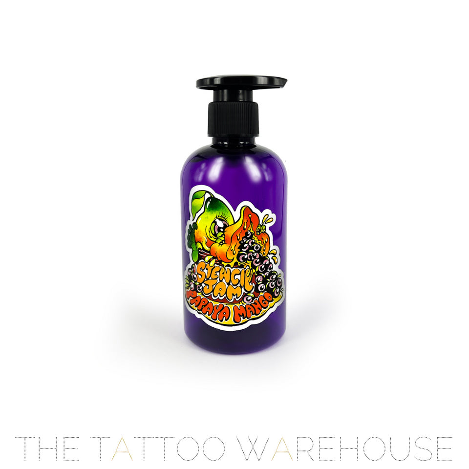 A purple bottle with the label of Stencil Jam Papaya Mango showing front on.