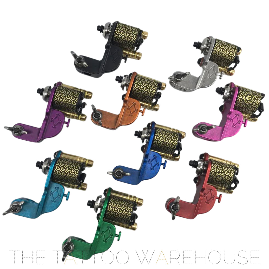 A Beautiful closeup of all the colours of Era Higa Quinke v.2s. The Foulhaber motor has a geometric pattern originating from Japan. The best looking rotary tattoo machine on the market.