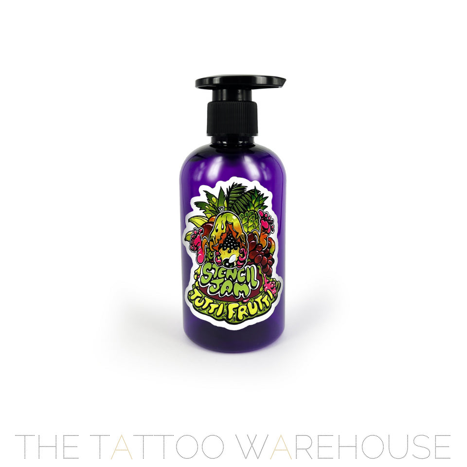 A purple bottle with the label of Stencil Jam Tutti Frutti showing front on.