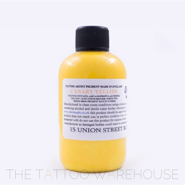 Dermaglo Canary Yellow tattoo ink bottle, part of Full 28 Colour Set