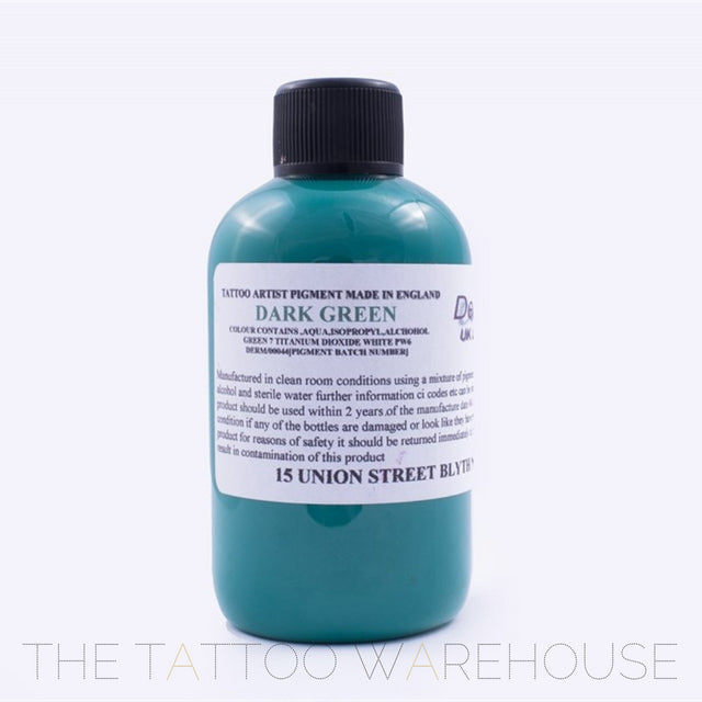 Bottle of Dermaglo Dark Green tattoo ink