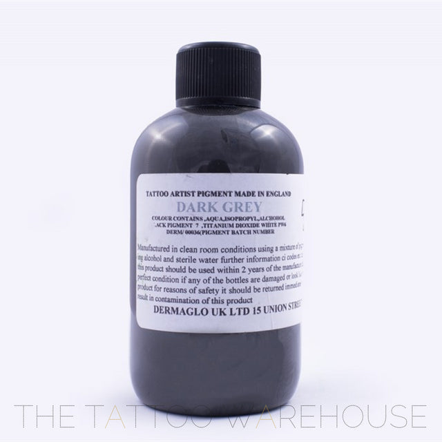 Bottle of Dermaglo Dark Grey tattoo ink