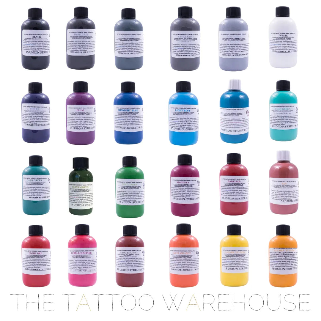 An array of Dermaglo tattoo ink bottles in various colors, labeled and arranged in rows, with the brand name visible at the bottom.