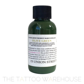Bottle of Dermaglo Olive Green tattoo ink