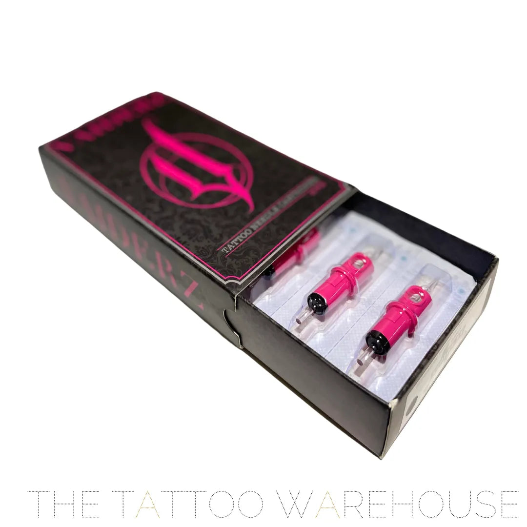 Open box of Vaiderz tattoo needle cartridges. two cartridges showing off their bright pink colour