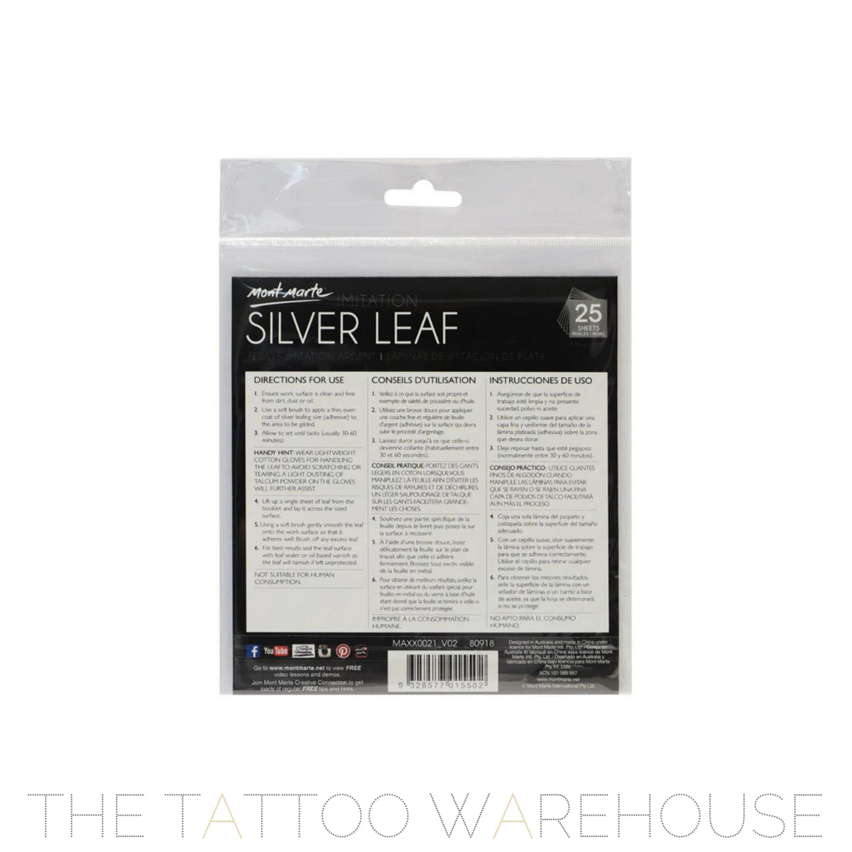 Mont Marte imitation silver leaf sheets, 14x14cm, pack of 25